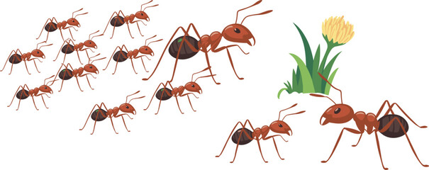 Group of red ants marching in line with green ant and yellow flower, realistic insect illustration, nature teamwork vector concept art