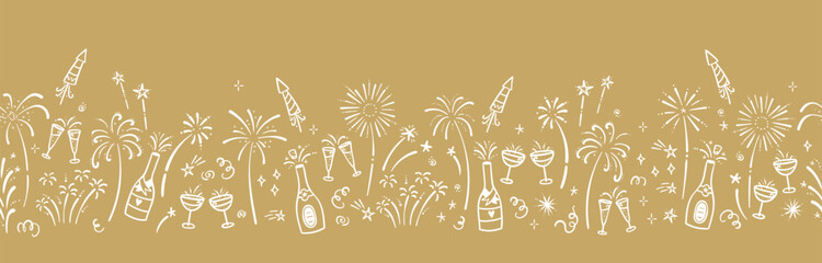 Fototapeta premium Fun hand drawn doodle fireworks and New Year party doodles, seamless pattern, great for textiles, wrapping, banner, wallpapers - vector design