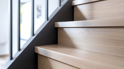 Close-up on light wood stairs with modern black railings, showcasing sleek design and inviting transition between levels in a contemporary interior. Minimalist and clean.