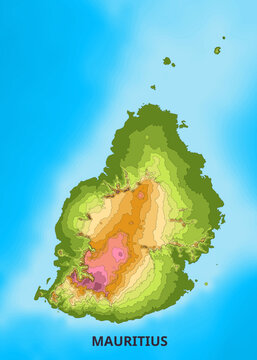 A topographic map of Mauritius is displayed against a bright blue background. The island is rendered with contour lines indicating elevation, transitioning from green at lower altitudes to orange