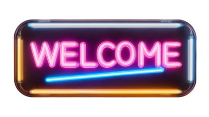Vibrant pink neon sign spelling welcome glows brightly against a suggesting an inviting entrance to a modern retro establishment or event space