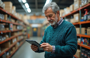 Mature man with grey hair, beard using digital tablet in hardware store warehouse. Elderly male worker checking inventory on tablet computer between shelves with boxes, tools. Senior person working