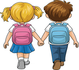 Cartoon school children walking hand in hand, students with backpacks, back to school, education, cute kids