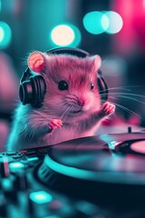 Tiny Hamster Spins Records and Mixes Music on a Turntable