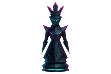 Futuristic chess queen piece with glowing neon accents, representing strategy, power, and digital warfare in a dark metaverse