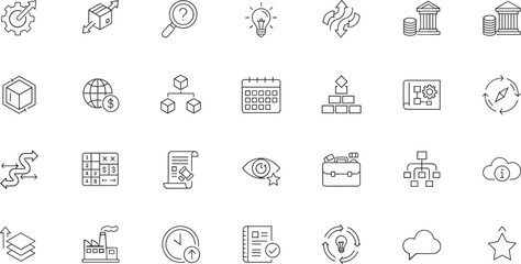 Business, Finance, and Technology Line Icons – Minimalist Black-and-White Set for Workflow, Innovation, and Digital Infrastructure