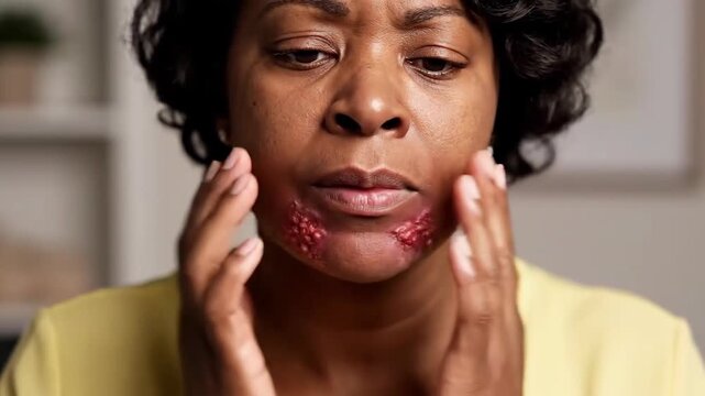 Woman Visually Examines And Identifies Potential Skin Condition Challenges with Lips