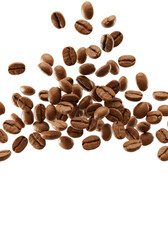 Naklejka premium ultra-photorealistic blonde roast arabica coffee beans, glossy and oily, dynamically scattering against a sterile white background with 'aroma' text copy space below, concept for premium coffee