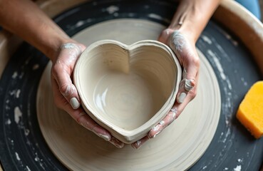 Hands shape heart form bowl on spinning potter wheel. Woman crafts ceramic object using wet clay and tool. Female artist works in studio, creating pottery with skill and care.