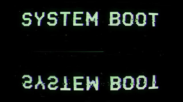 System boot text with a retro pixel font and digital glitch distortion. Cyberpunk computer screen animation showing a startup sequence or critical system failure concept