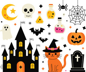 Halloween graveyard scene with tombstones, zombie hands, bats, witch hat, and black cat, spooky cemetery silhouette illustration design