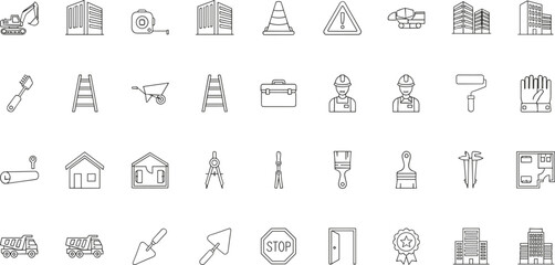 Construction and Architecture Line Icons – Minimalist Black-and-White Set Featuring Tools, Equipment, Buildings, and Safety Symbols
