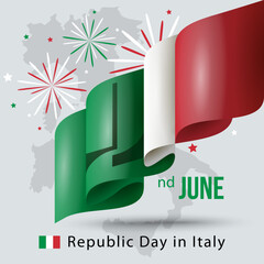 Banner, greeting card for Italian Republic Day. The wavy Italian flag on the national patriotic holiday of June 2. Greeting card, banner, vector illustration for Italian Republic Day