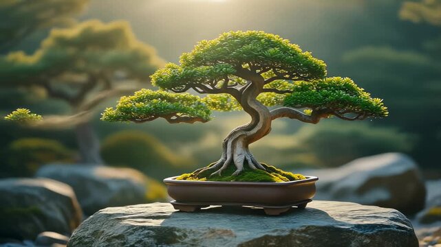 Bonsai tree on rock serene landscape with green foliage and sunlight