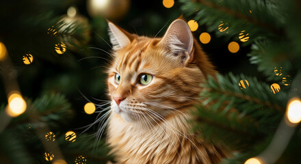 Obraz premium Close up of an orange cat, fluffy fur, looking thoughtful near a green Christmas tree, represents festive season and holiday mood