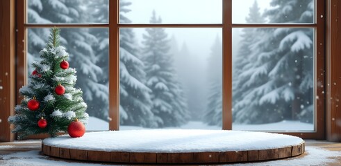 Wooden Christmas Podium with Snowy Forest Window View for Product Display Background