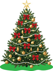 Beautiful festive decorated Christmas tree with star, red bows, golden ornaments, and bright white lights on green grass, holiday seasonal celebration decoration background