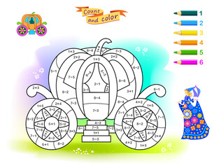 Solve examples and paint the fairy pumpkin carriage. Mathematical education for children. Coloring book. Math exercises on addition and subtraction. Worksheet for kids. Hand drawn vector illustration