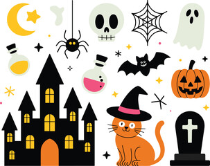 Halloween graveyard scene with tombstones, zombie hands, bats, witch hat, and black cat, spooky cemetery silhouette illustration design
