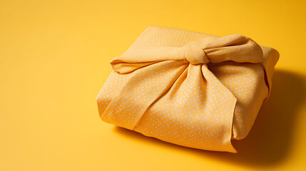 A wrapped gift with a yellow and white polka dot textile sits on a yellow background. It's secured with a matching tied fabric, showcasing a blend of style and care.