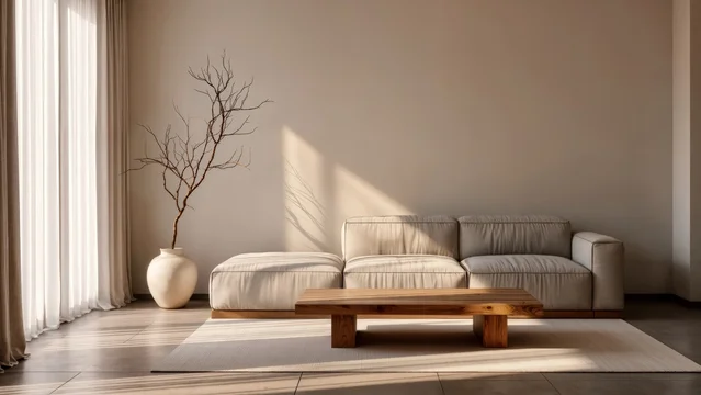 Minimal living space with oak table and ceramic vase