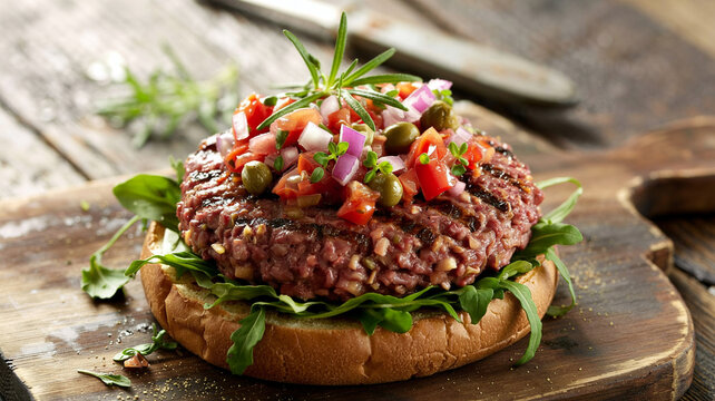 A smoky-flavored plant-based burger with a zesty tomto relish and arugula leavs.