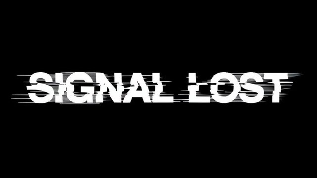 Animated signal lost text with a digital distortion effect. Concept of a transmission error, connection failure or television static on an isolated black background