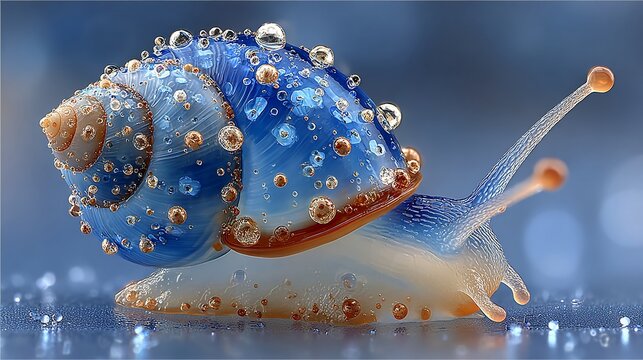 Captivating close-up of a blue snail shell adorned with water droplets showcasing intricate detail