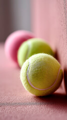 Three tennis balls in a row on a clay court, sharp macro focus on the front ball with soft background blur and gentle shadows.