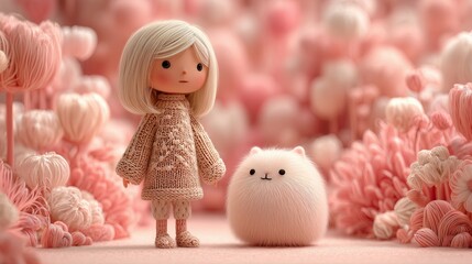 Cute Little Girl with Fluffy White Pet in Soft Pastel Fantasy World