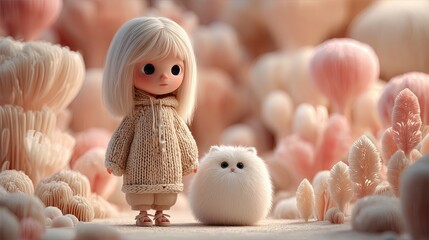 Cute Little Girl with Fluffy White Pet in Soft Pastel Fantasy World