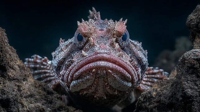 Captivating close up of a cryptic scorpionfish peering from rocky underwater habitat