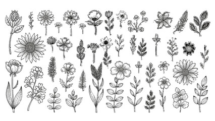 A large collection of botanical hand drawn flower and leaf illustrations for design