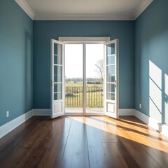 Fototapeta premium Empty blue room with hardwood floor. Open French doors lead to balcony with rural view. Sunlight enters through doors, illuminating room with shadows on wall and floor.