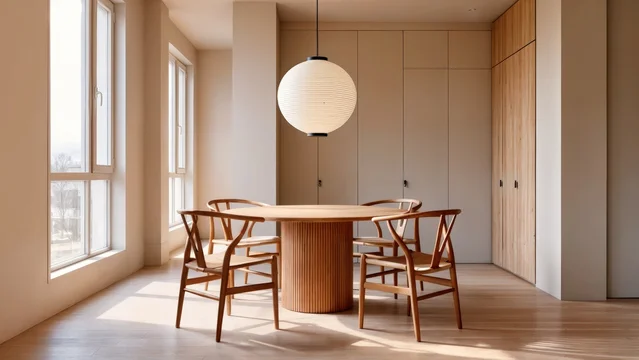 Minimal dining space with paper pendant lamp and wooden chairs