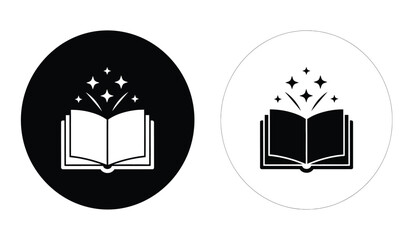 a detailed depiction of an open book with radiating sparkling stars presented in both a black filled and a white background version for versatility