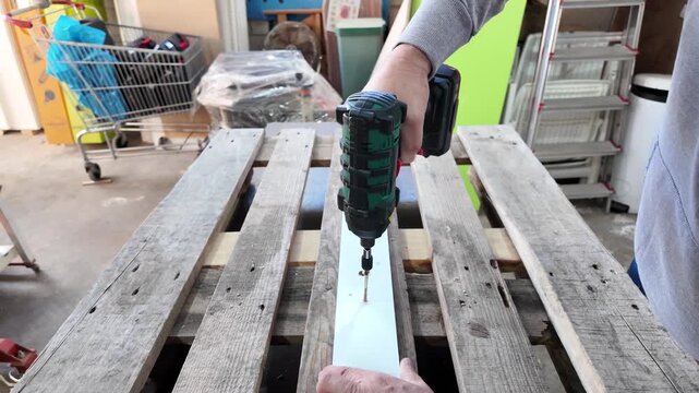 Handyman using a cordless impact driver on a wood pallet