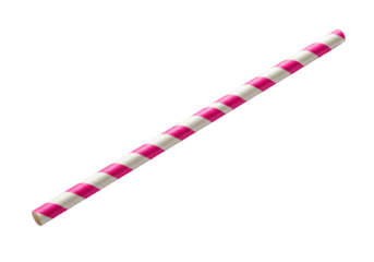 Ultra-detailed macro shot of a single, vibrant hot pink and white striped biodegradable paper straw, diagonally positioned on a brilliant white background with ample copy space. Concept of modern