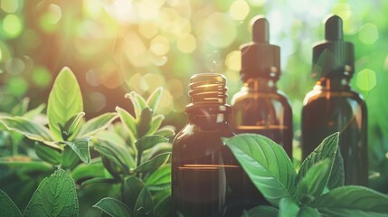 Three amber glass bottles with droppers surrounded by green plants in natural sunlight