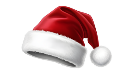 Realistic red santa hat with white trim isolated on transparent background