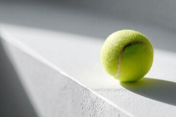 Bright lime tennis ball with fuzzy felt texture rests on a sunlit ledge, casting a crisp shadow in a minimal, high-contrast setting.