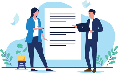 Businesspeople review and discuss a large document, representing contract signing, legal agreement, paperwork, or important policy discussion. Flat design business vector illustration graphic.