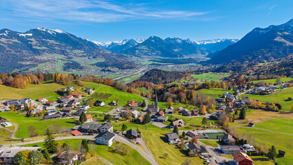 The village of Gurtis with snow by Nenzing, Walgau Valley, State of Vorarlberg, Austria, Drone...