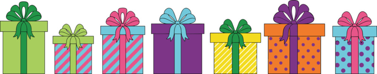 Colorful gift boxes, festive packaging, celebration presents, ribbon wrapped gifts, holiday decor, party theme, vibrant design, cheerful wrapping, seasonal display, joyful arrangement