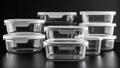 Ten transparent food storage containers with white lids arranged in three rows against black background