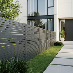 Fototapeta premium Modern home exterior with sleek fence entrance and landscaping