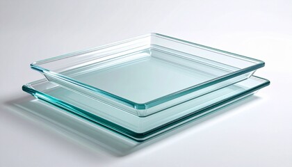 Stack of three transparent square glass trays with raised edges on wooden surface against gradient background