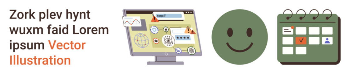 Data protection, task planning, emotional wellbeing, digital workflow, productivity, scheduling. Computer screen with security icons, happy face and a marked calendar. Data protection and task