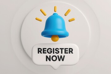 Register now promotional banner with 3D bell notification icon presented in bright clean modern layout