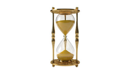 Golden hourglass with flowing sand time concept isolated on transparent background